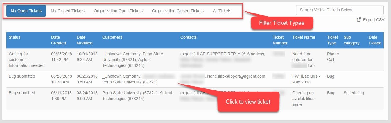 Filters for the ticket list are a button list at the top of the page. Search is in upper right corner. Ticket list is below in a table format.